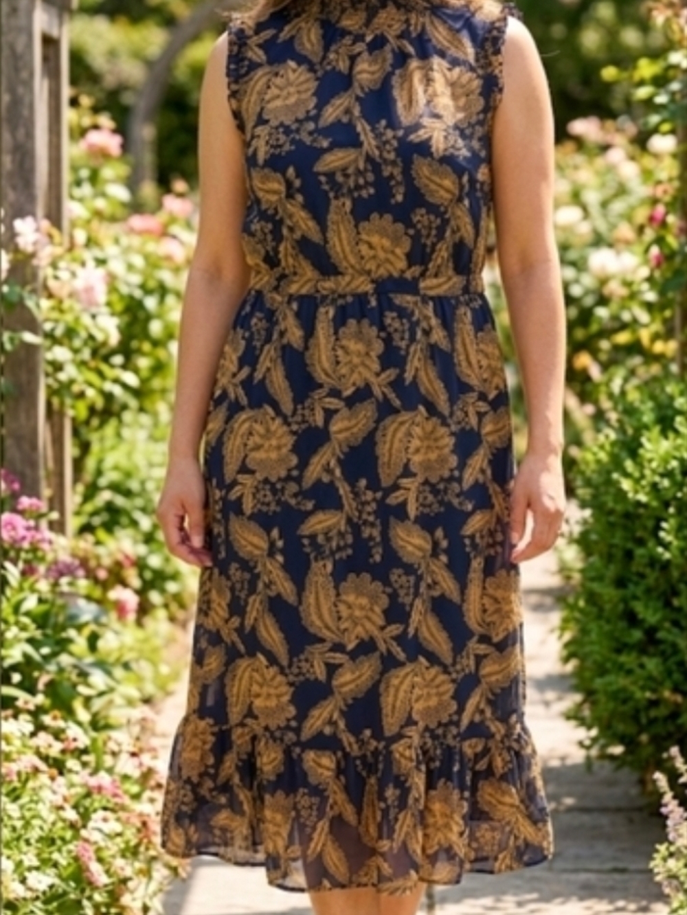 J. Crew Navy Midi Dress with Gold Floral Print